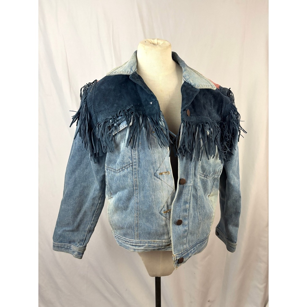 Garme‎ Denim Jacket Fringe Suede Western Aztec Blanket USA M Artisan OOAK